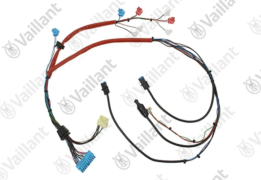 Vaillant Kabelbaum mit mehreren Anschlusssteckern und bunten Drähten, zur Verbindung elektrischer Komponenten in Heizsystemen.